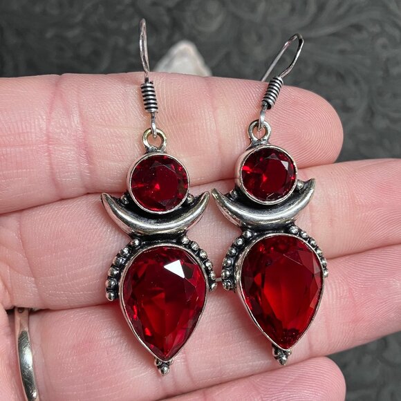 Fairy Core Garnet Crescent Moon Witchy Earrings Crystal Stone Jewelry - Picture 1 of 5